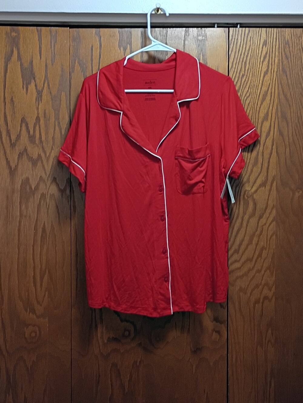 NWT Auden Red Short-Sleeve Button-Front Pajama Top with White Piping
